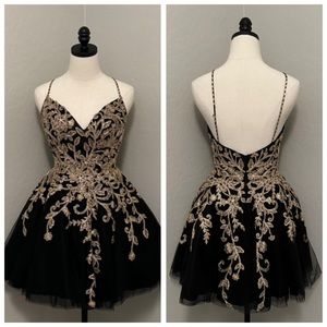NEW JOVANI SZ 10 BLACK GOLD BEADED FIT FLARE TULLE FORMAL DRESS